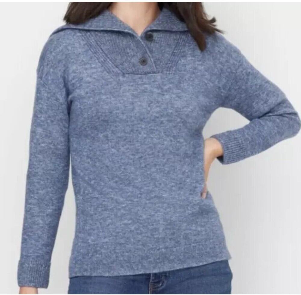 Talbots Sweater Petite Size LP Breton Button Collar Pullover Oxford Blue Heather
